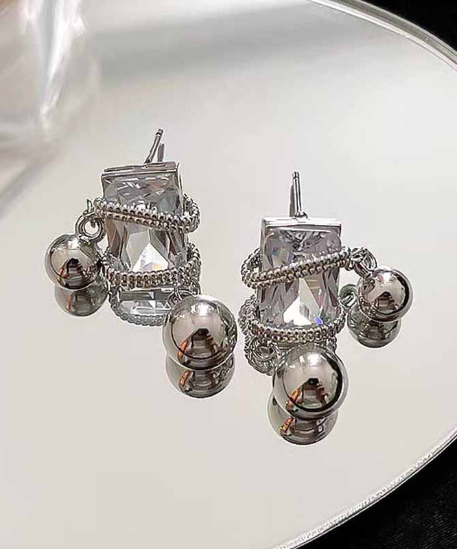 Boucles d'oreilles pendantes en alliage gris avec pierres précieuses en cristal de zircon pour femmes PO075