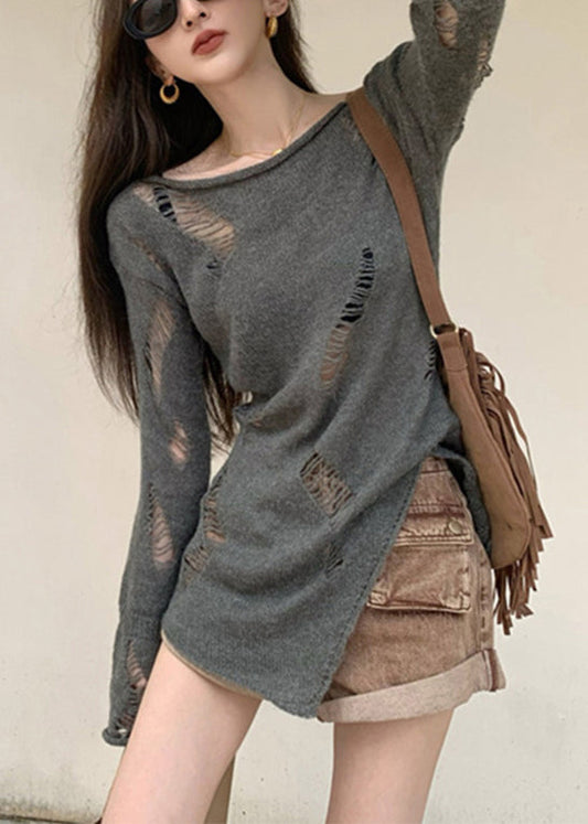 Grey Hollow Spring Sweater Asymmetrical Knit Women Out