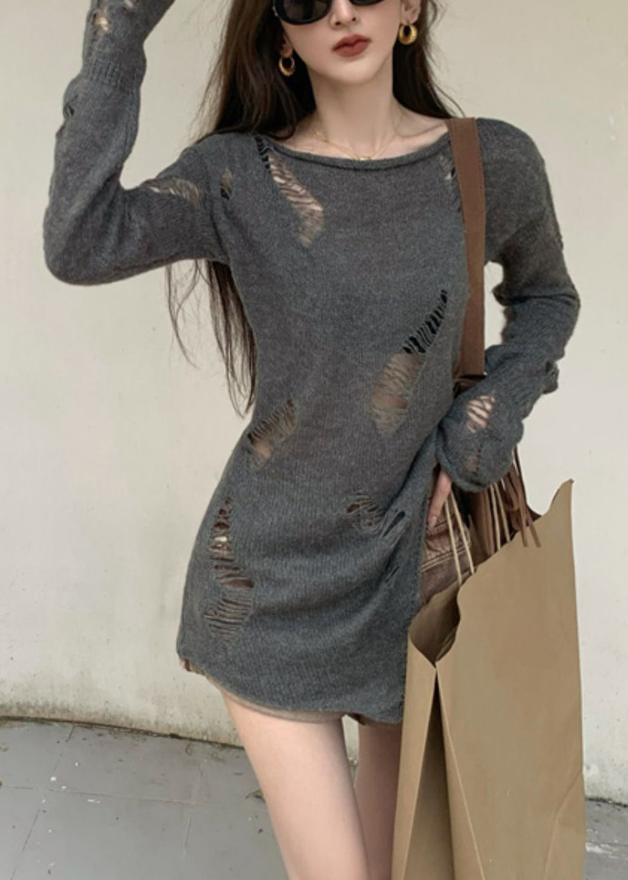 Grey Hollow Spring Sweater Asymmetrical Knit Women Out
