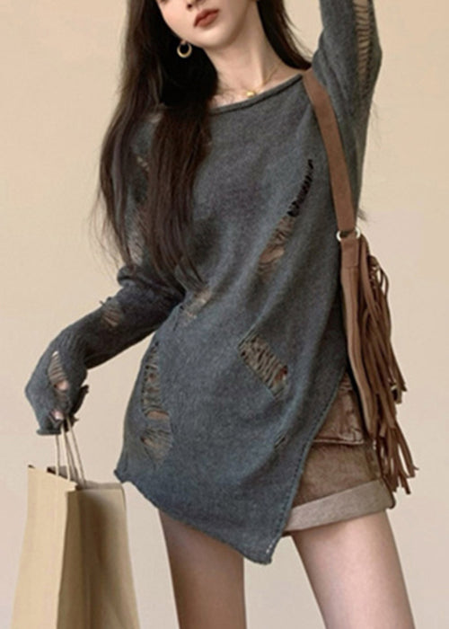 Grey Hollow Spring Sweater Asymmetrical Knit Women Out