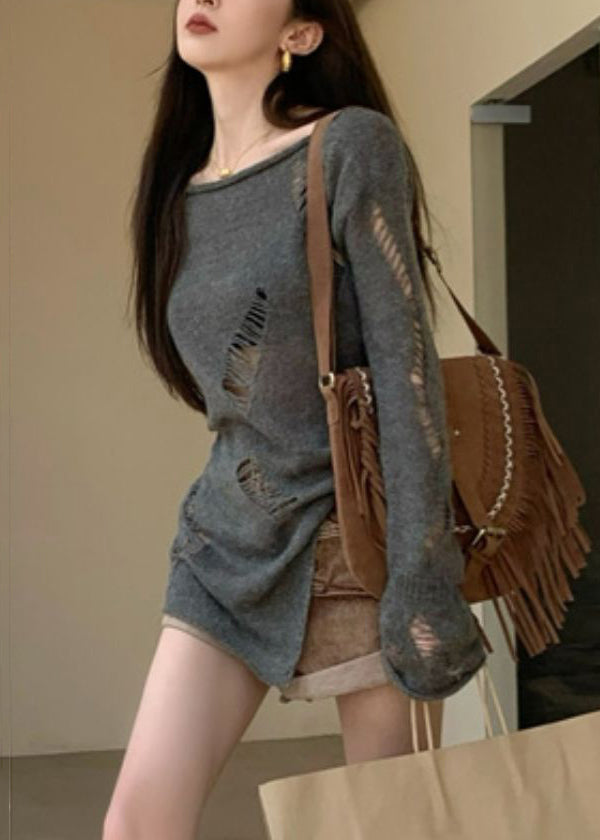 Grey Hollow Spring Sweater Asymmetrical Knit Women Out