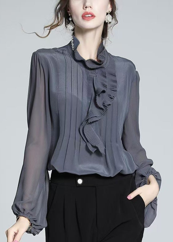 Shirts Women Ruffled Grey Chiffon Spring Patchwork Blue