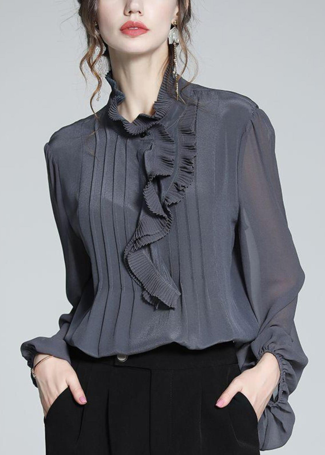 Shirts Women Ruffled Grey Chiffon Spring Patchwork Blue