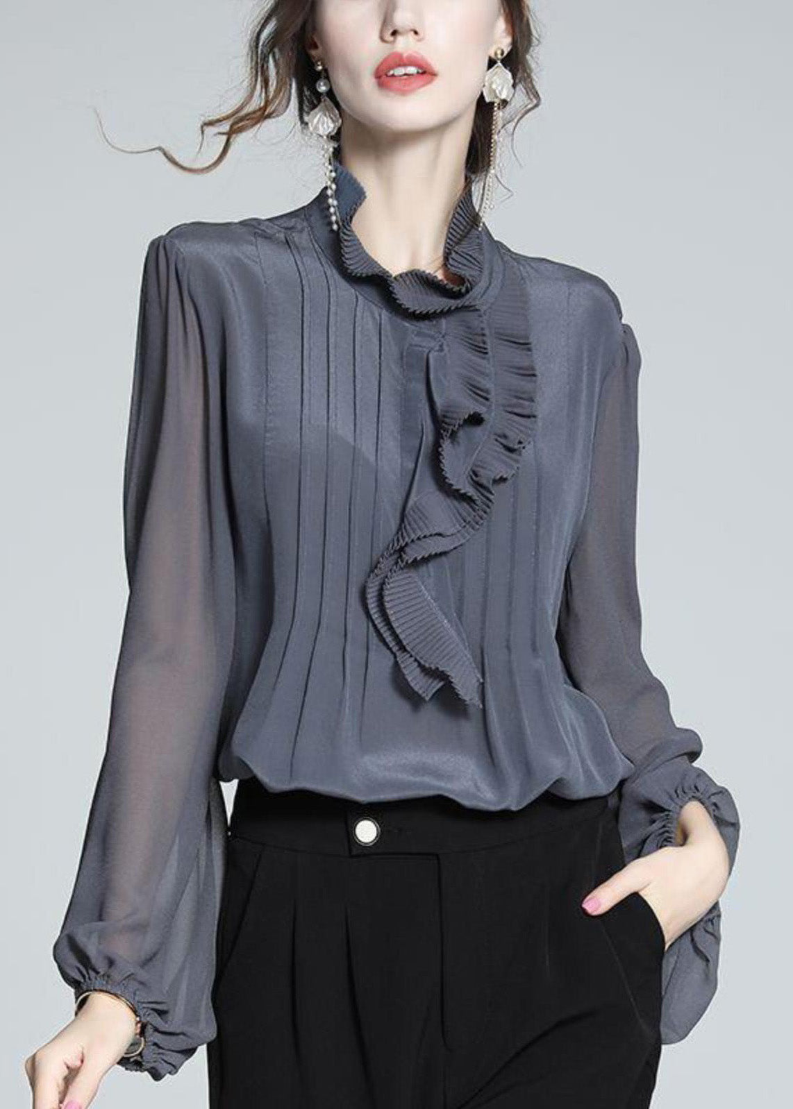 Shirts Women Ruffled Grey Chiffon Spring Patchwork Blue