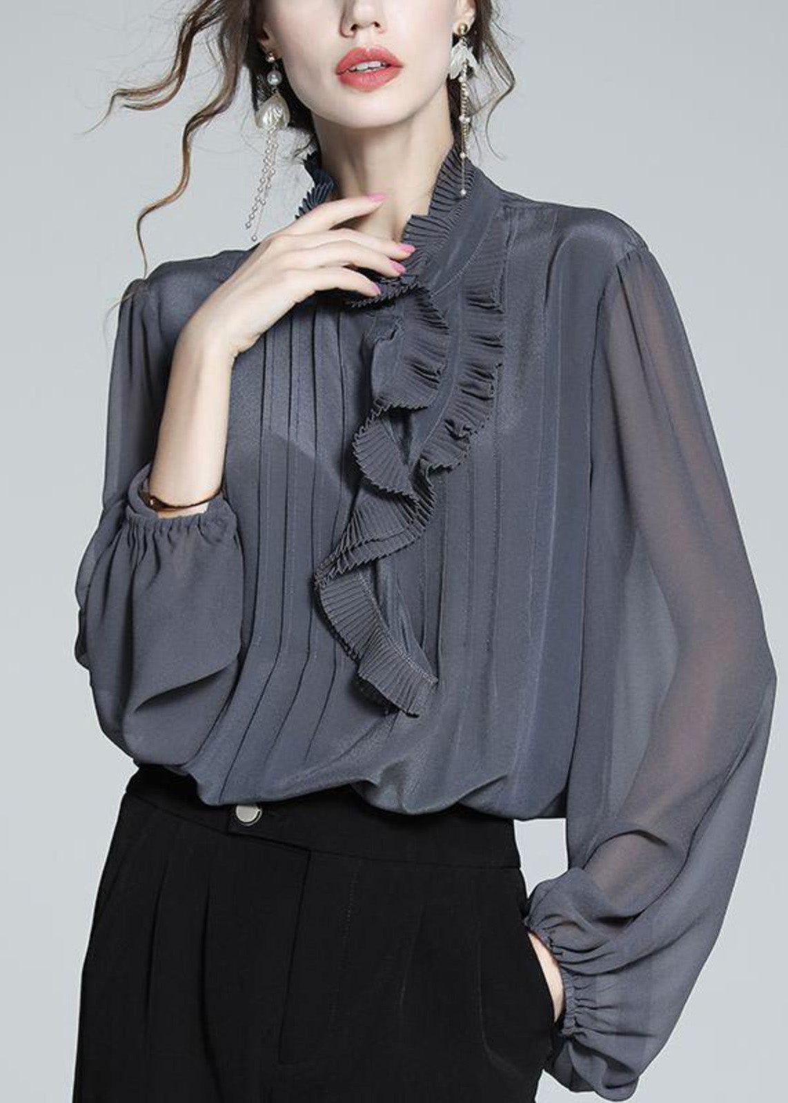 Shirts Women Ruffled Grey Chiffon Spring Patchwork Blue