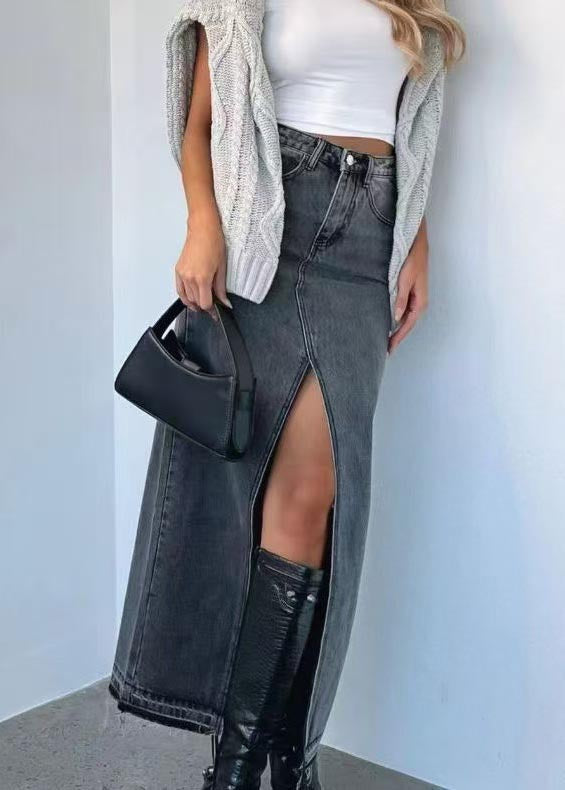 Summer Waist Women Denim Skirts High Side Open Grey