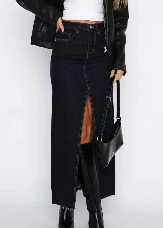 Summer Waist Women Denim Skirts High Side Open Grey