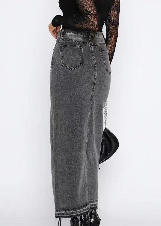 Summer Waist Women Denim Skirts High Side Open Grey