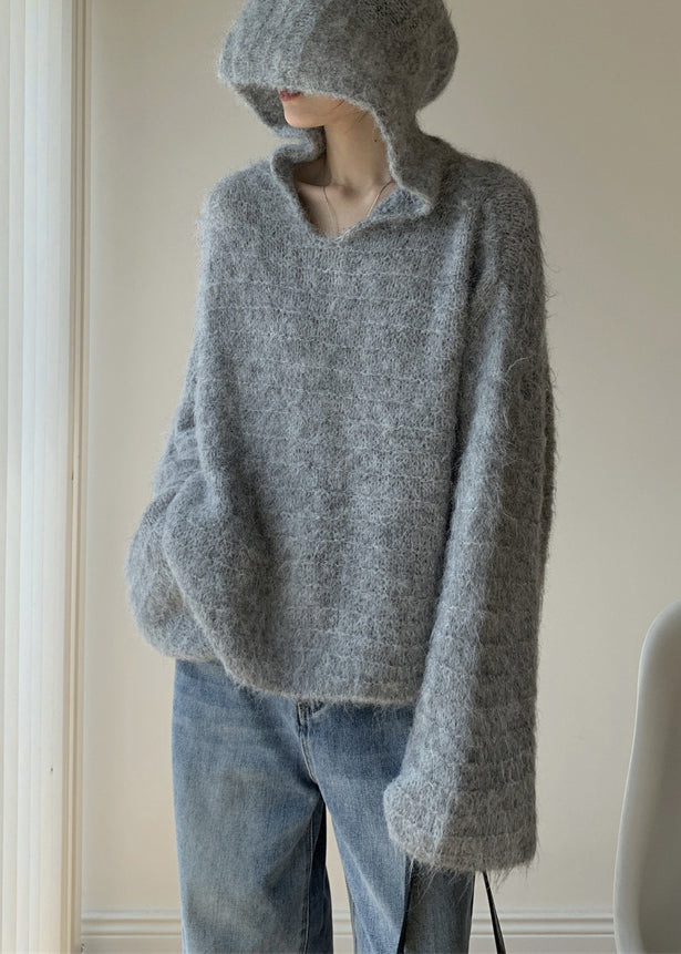 Women Grey Hooded Solid Cotton Knit Sweaters Winter WY024