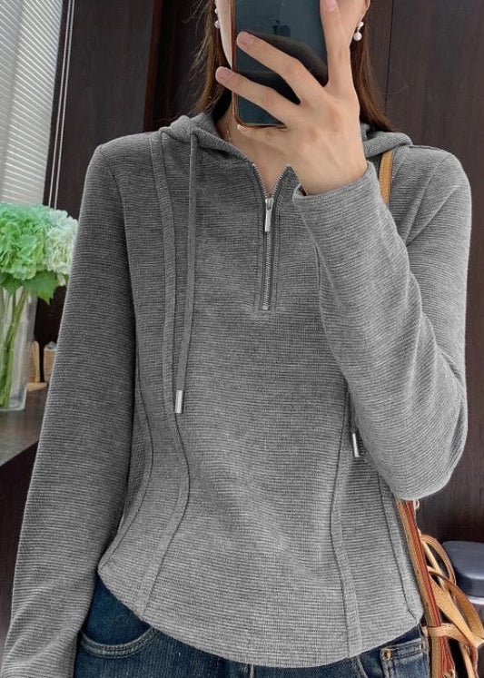 Hooded T Zippered Women Cotton Shirt Spring Grey
