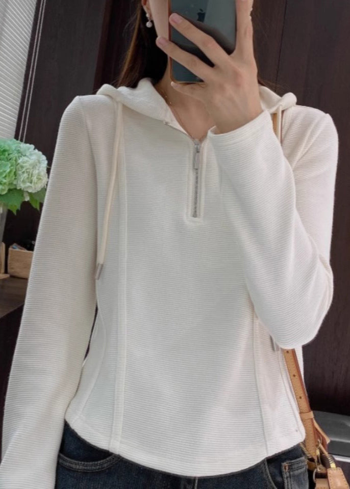 Hooded T Zippered Women Cotton Shirt Spring Grey