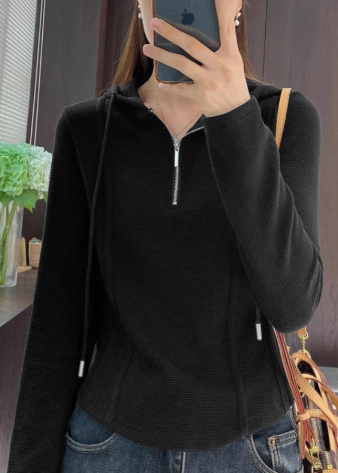 Hooded T Zippered Women Cotton Shirt Spring Grey