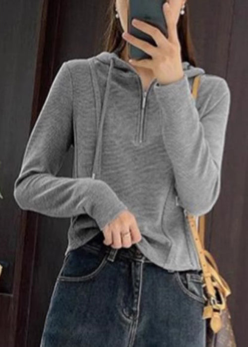 Hooded T Zippered Women Cotton Shirt Spring Grey