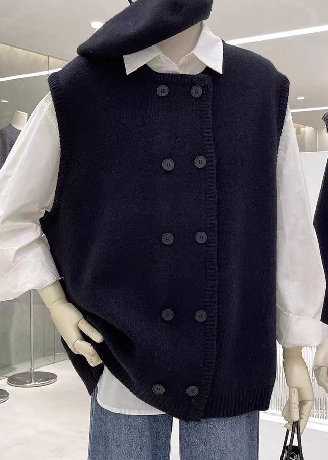 Women Grey O Neck Double Breast Patchwork Knit Vest Sleeveless WN033