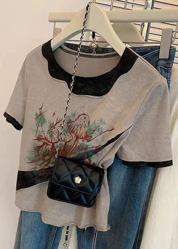 Women Grey O Neck Print Patchwork Cotton T Shirts Summer OP1027