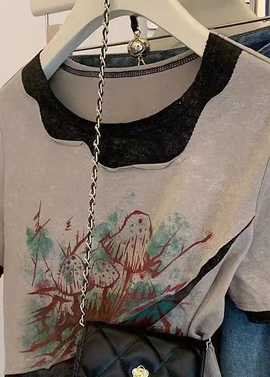 Women Grey O Neck Print Patchwork Cotton T Shirts Summer OP1027