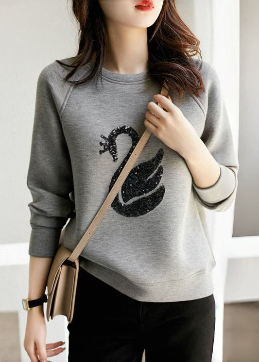 Neck Sequins O Sweatshirt Cotton Grey Spring Women