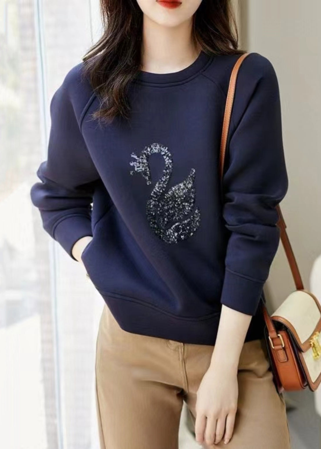 Neck Sequins O Sweatshirt Cotton Grey Spring Women
