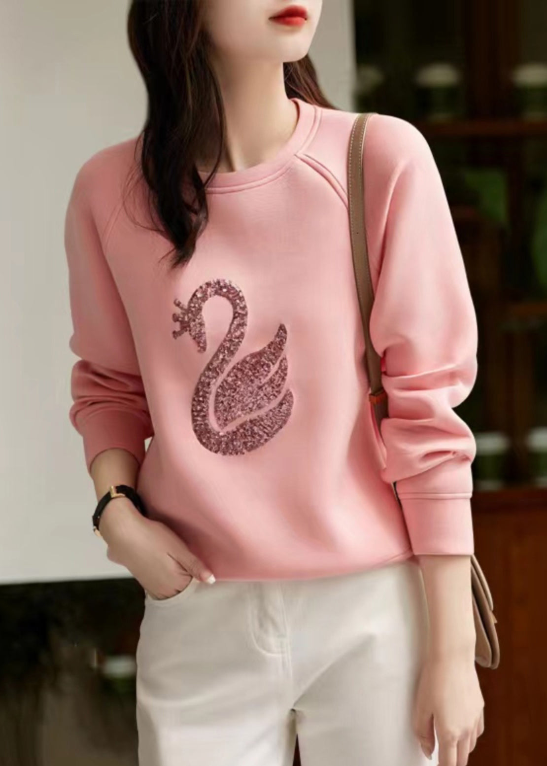 Neck Sequins O Sweatshirt Cotton Grey Spring Women