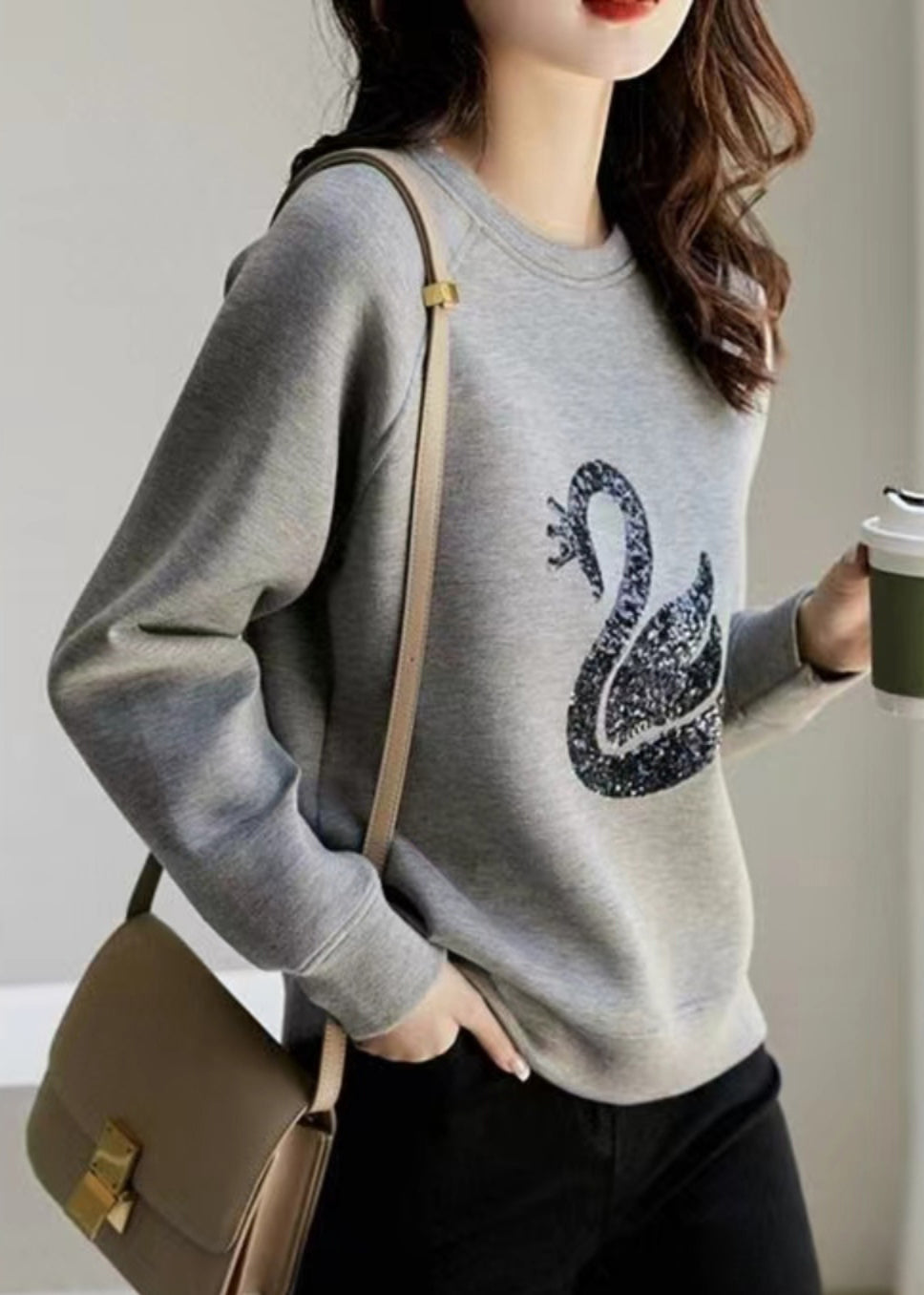 Neck Sequins O Sweatshirt Cotton Grey Spring Women