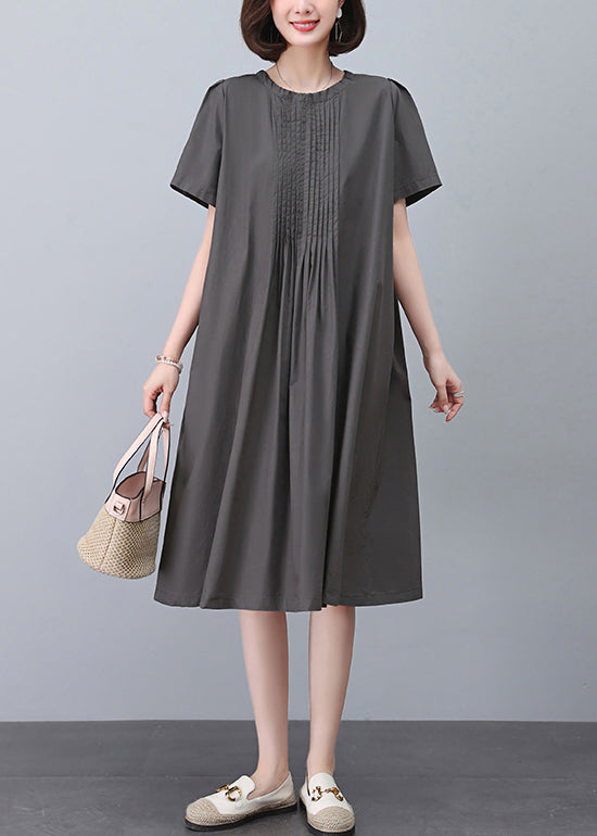 Women Grey O-Neck Solid Cotton Dresses Summer MN041