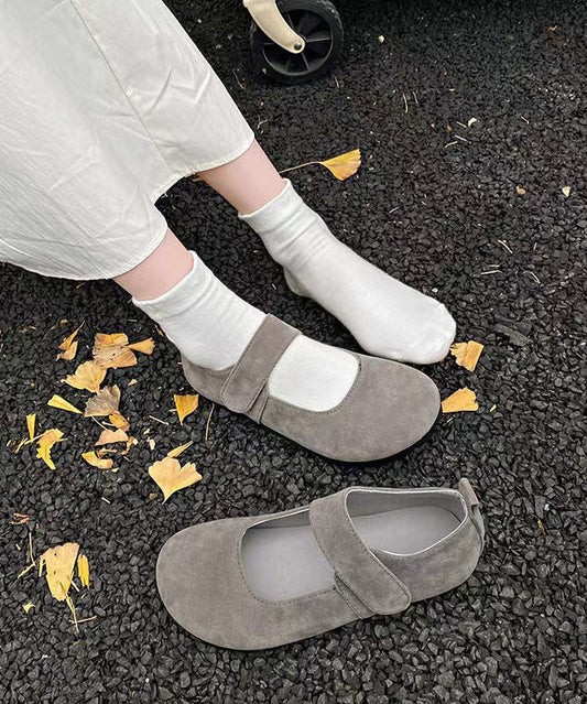Grey Suede Flat Splicing Buckle Strap Women Feet Shoes