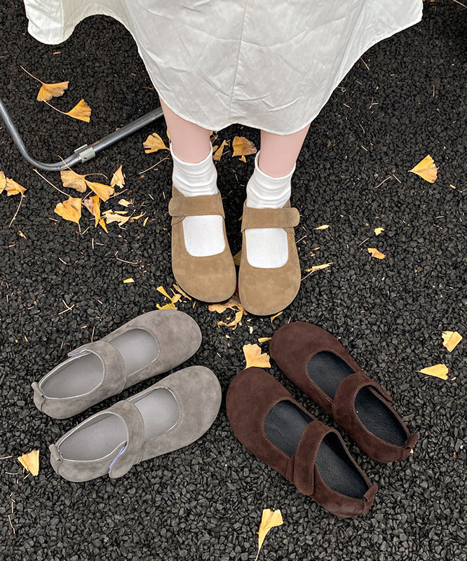 Grey Suede Flat Splicing Buckle Strap Women Feet Shoes