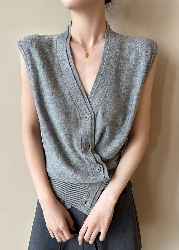 Grey Solid Women Vest Button Knit V Sleeveless Neck