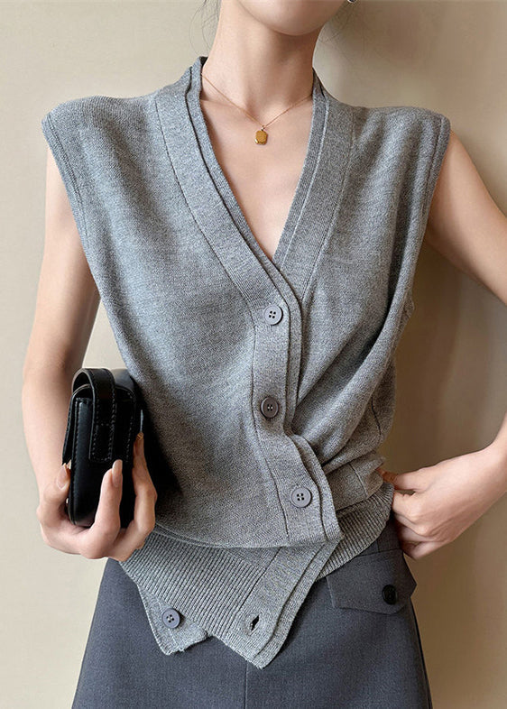 Grey Solid Women Vest Button Knit V Sleeveless Neck