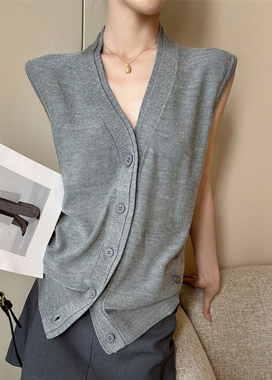 Grey Solid Women Vest Button Knit V Sleeveless Neck