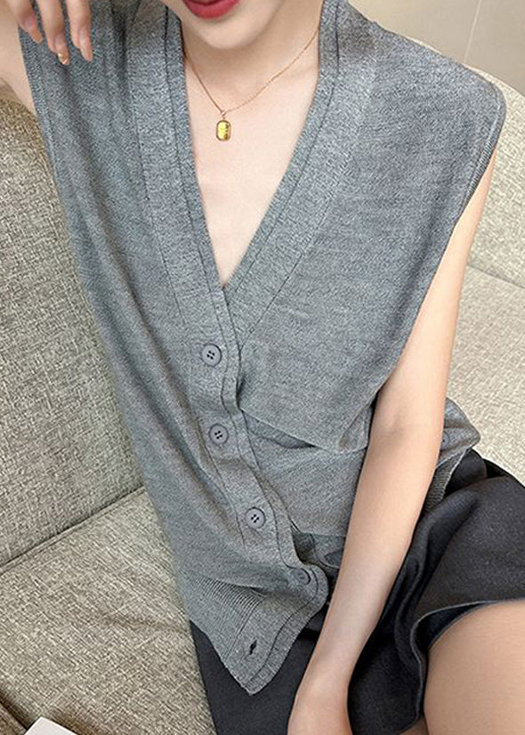 Grey Solid Women Vest Button Knit V Sleeveless Neck