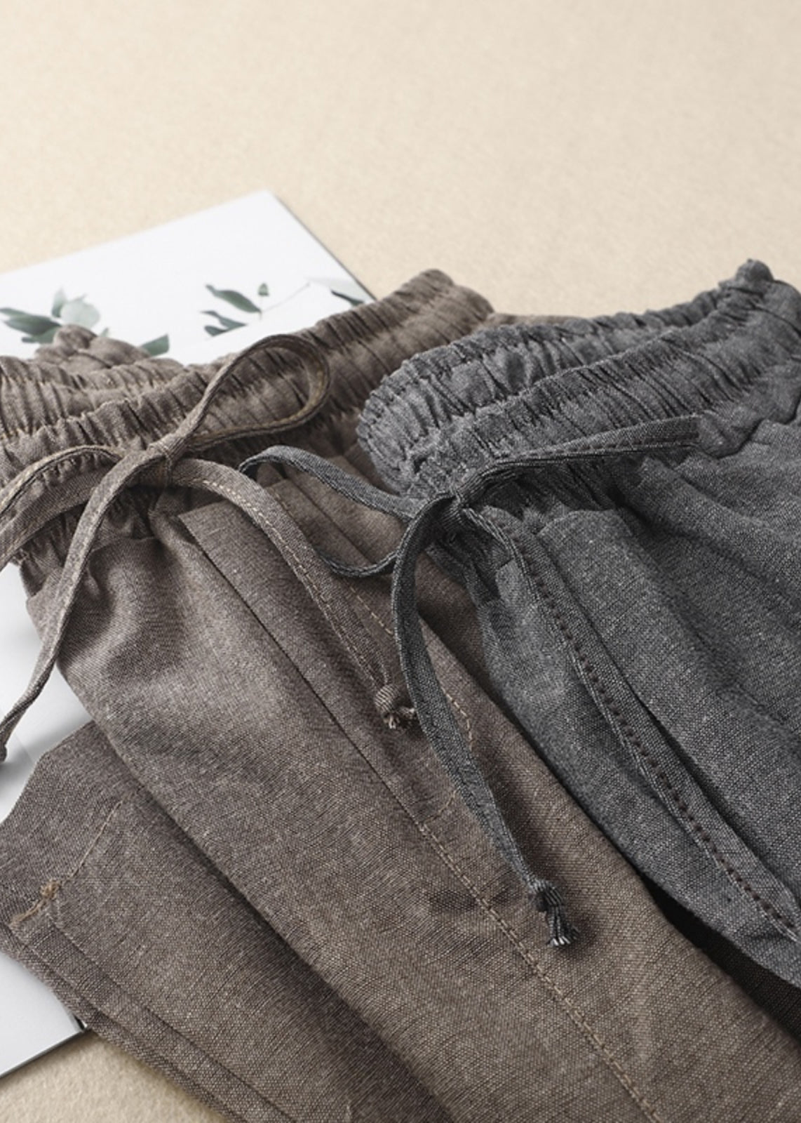 Elastic Linen Pants Khaki Women Waist Spring