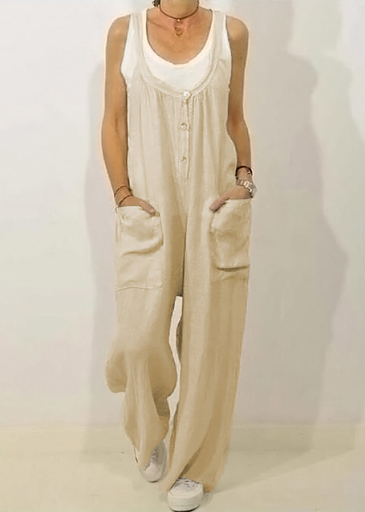 Women Jumpsuits Sleeveless Button Solid Khaki O-Neck