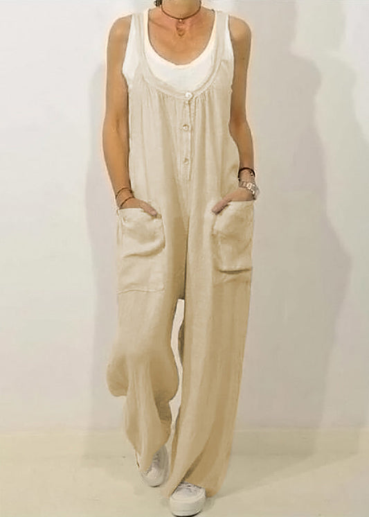 Women Jumpsuits Sleeveless Button Solid Khaki O-Neck