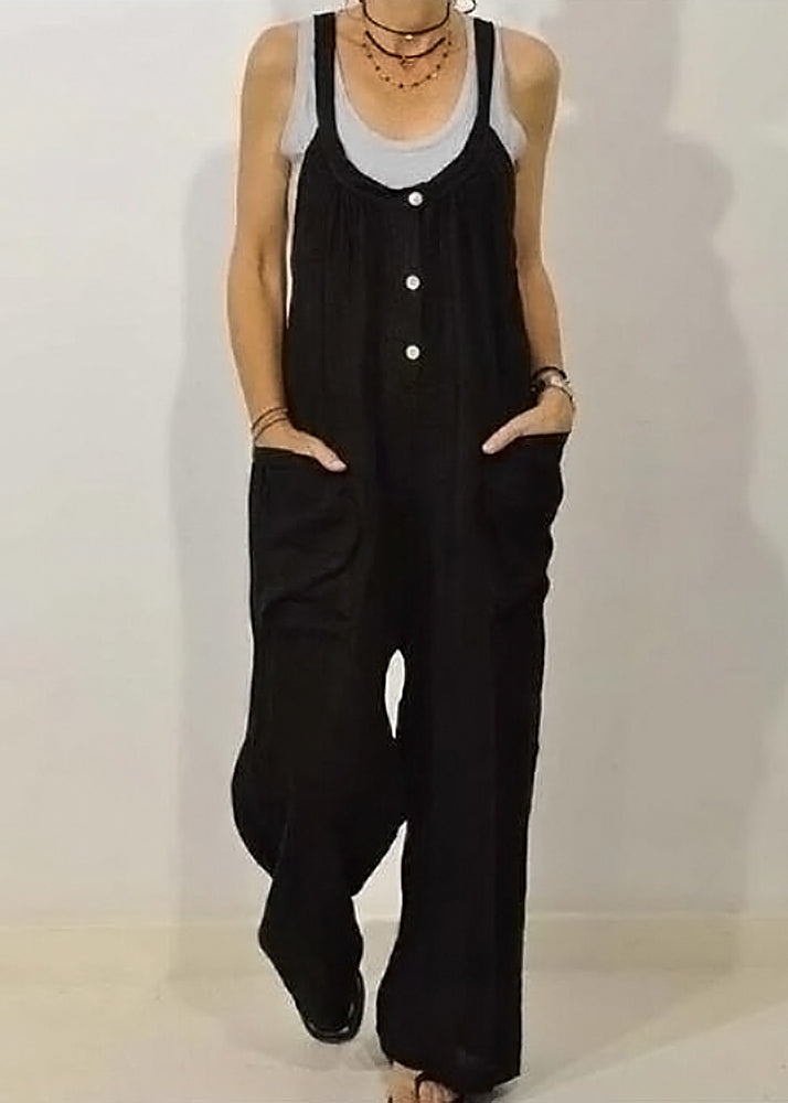 Solid Button Jumpsuits Sleeveless O-Neck Women Khaki