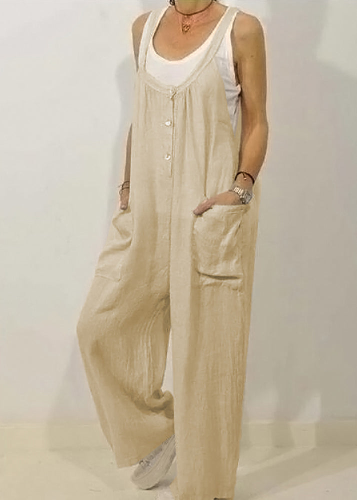 Women Jumpsuits Sleeveless Button Solid Khaki O-Neck