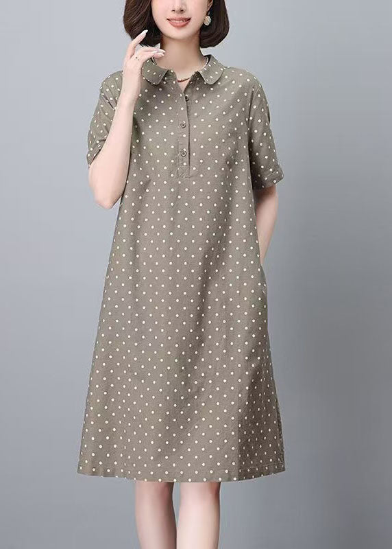Women Collar Dot Work Dress Pan Summer Peter Print Khaki