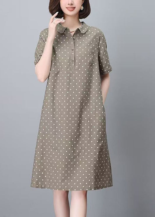 Women Collar Dot Work Dress Pan Summer Peter Print Khaki