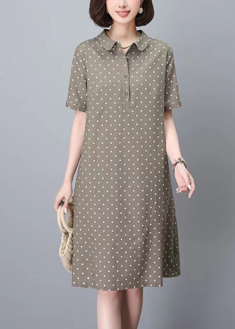 Women Collar Dot Work Dress Pan Summer Peter Print Khaki
