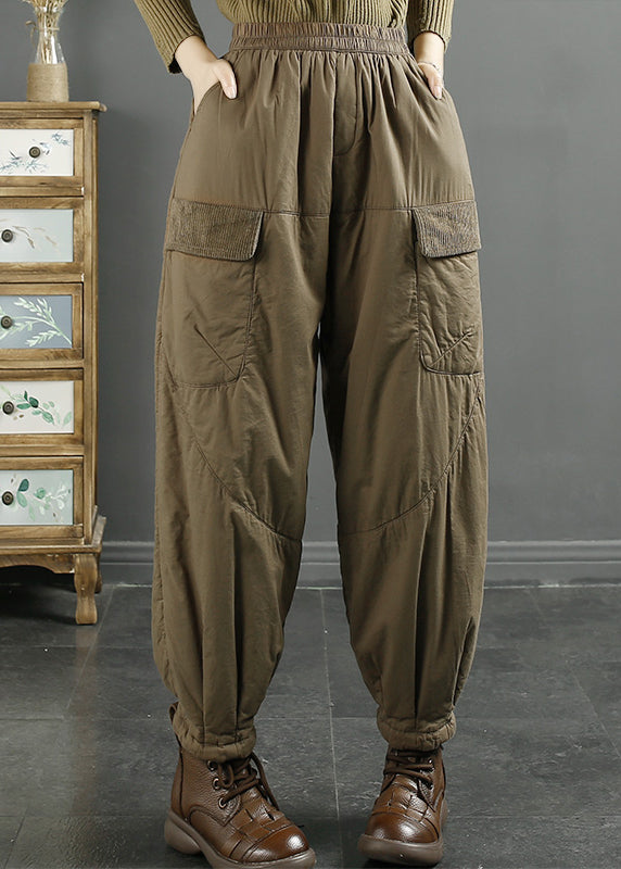 Women Khaki Pockets Elastic Waist Fine Cotton Filled Pants Winter RU016