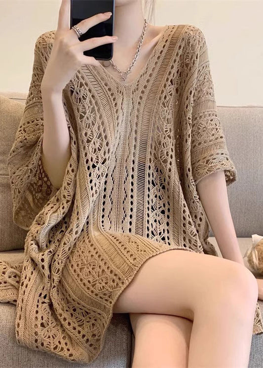Khaki Neck Women Half Out Tops Hollow V Sleeve Knit