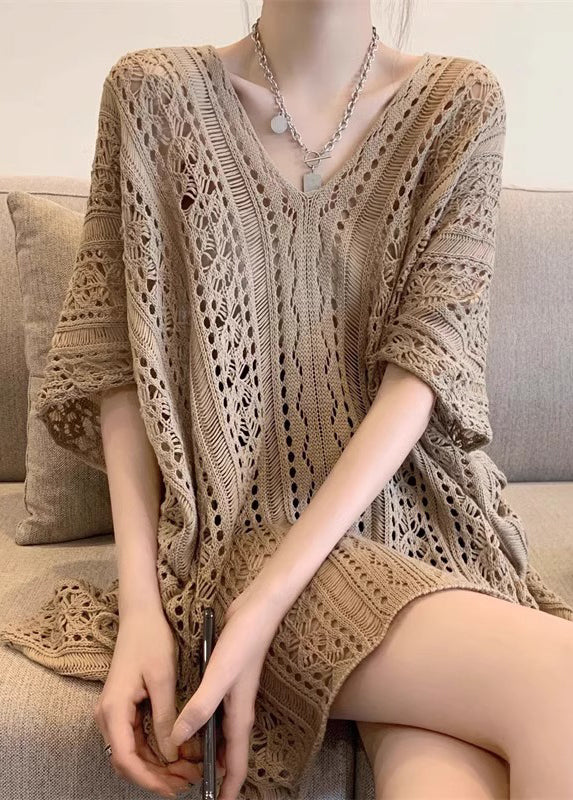 Khaki Neck Women Half Out Tops Hollow V Sleeve Knit