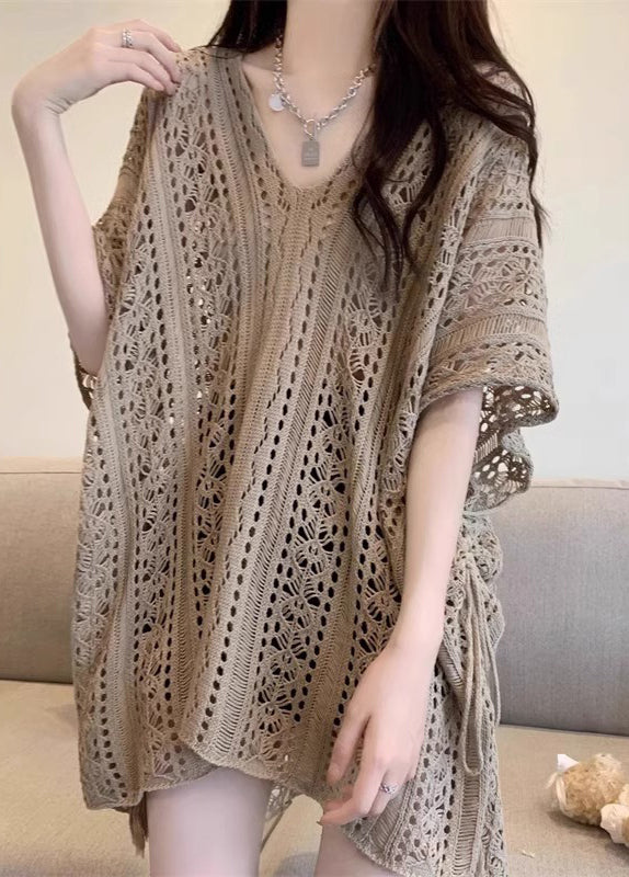 Khaki Neck Women Half Out Tops Hollow V Sleeve Knit