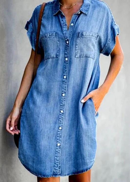Dress Button Denim Light Collar Mid Women Blue Shirt Peter Pan