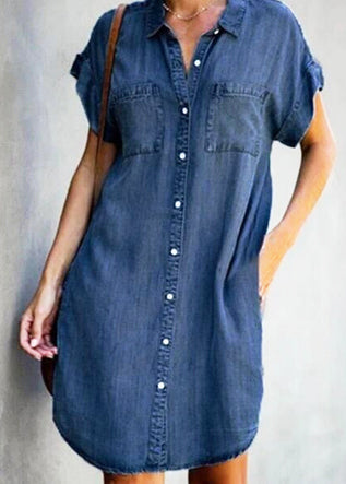 Dress Button Denim Light Collar Mid Women Blue Shirt Peter Pan