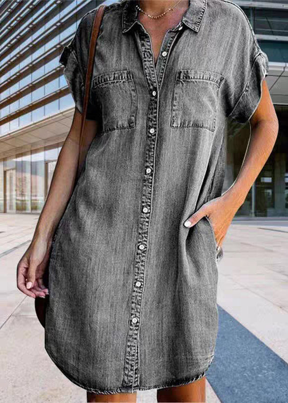 Dress Button Denim Light Collar Mid Women Blue Shirt Peter Pan