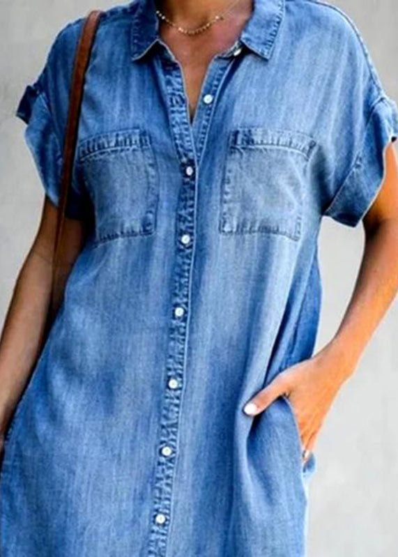 Dress Button Denim Light Collar Mid Women Blue Shirt Peter Pan