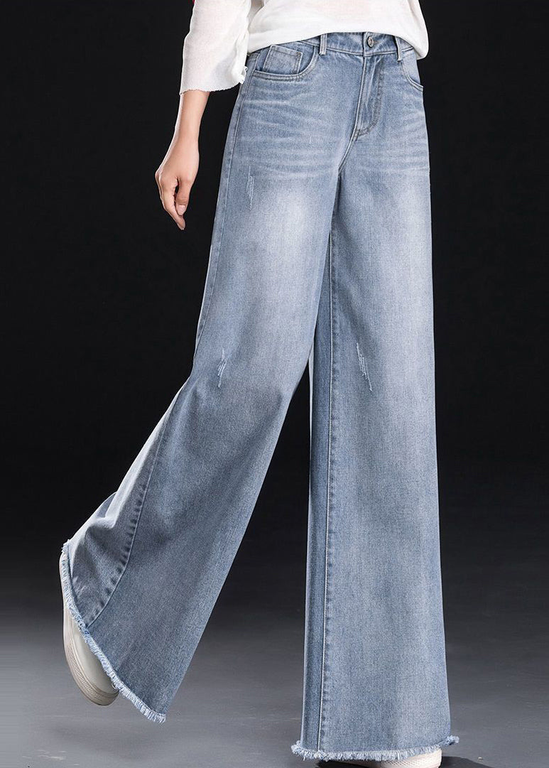 Blue Summer Light Tasseled Women Straight Pants Denim
