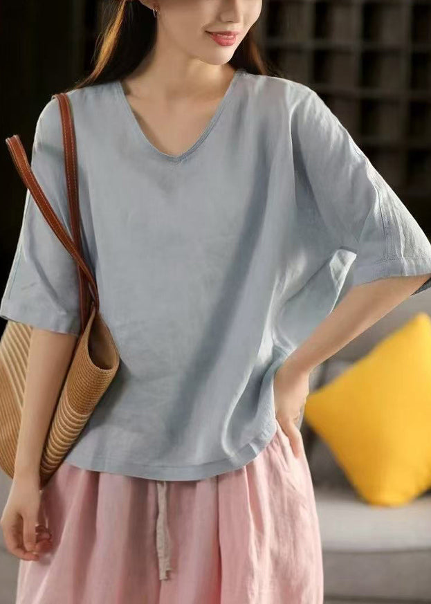 Shirt Blue Sleeve Linen Neck Women T V Solid Half Light
