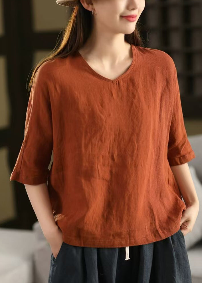 Shirt Blue Sleeve Linen Neck Women T V Solid Half Light